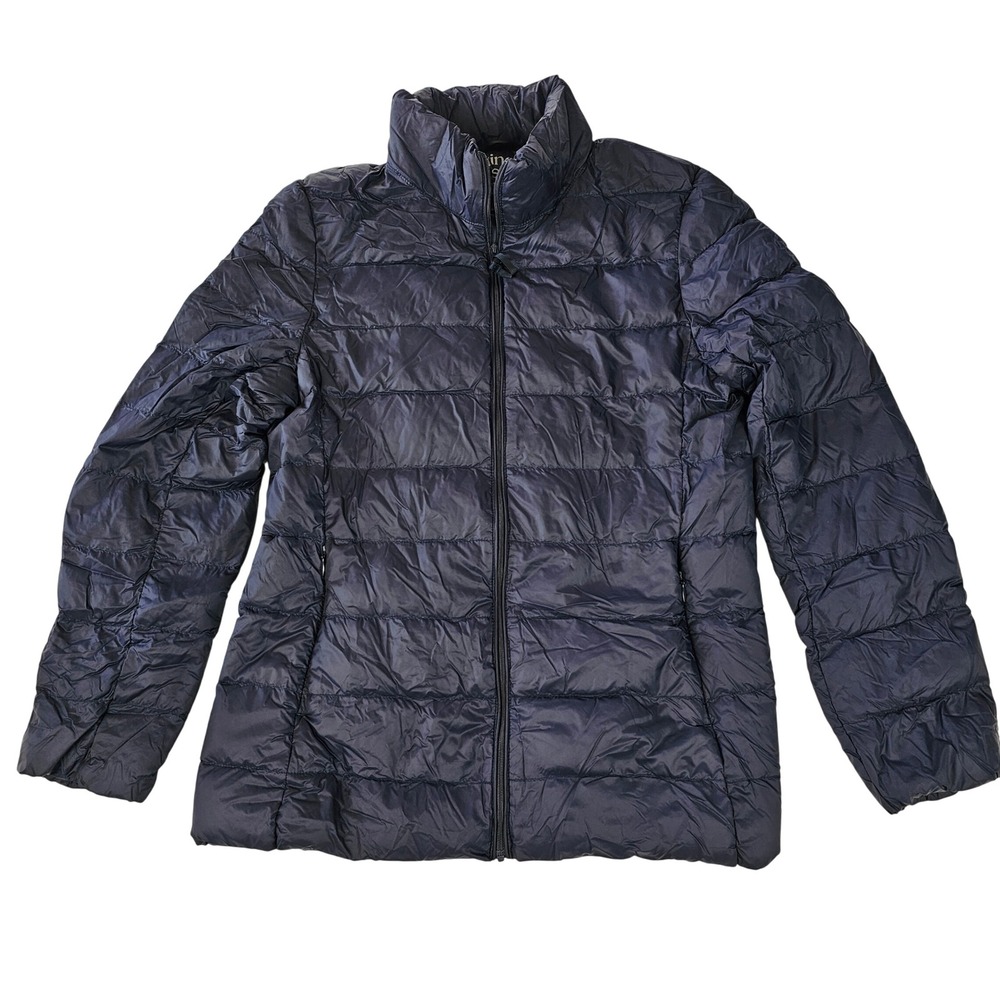 Quince Women's Lightweight Down Puffer Jacket Navy Blue Mock Neck Small
